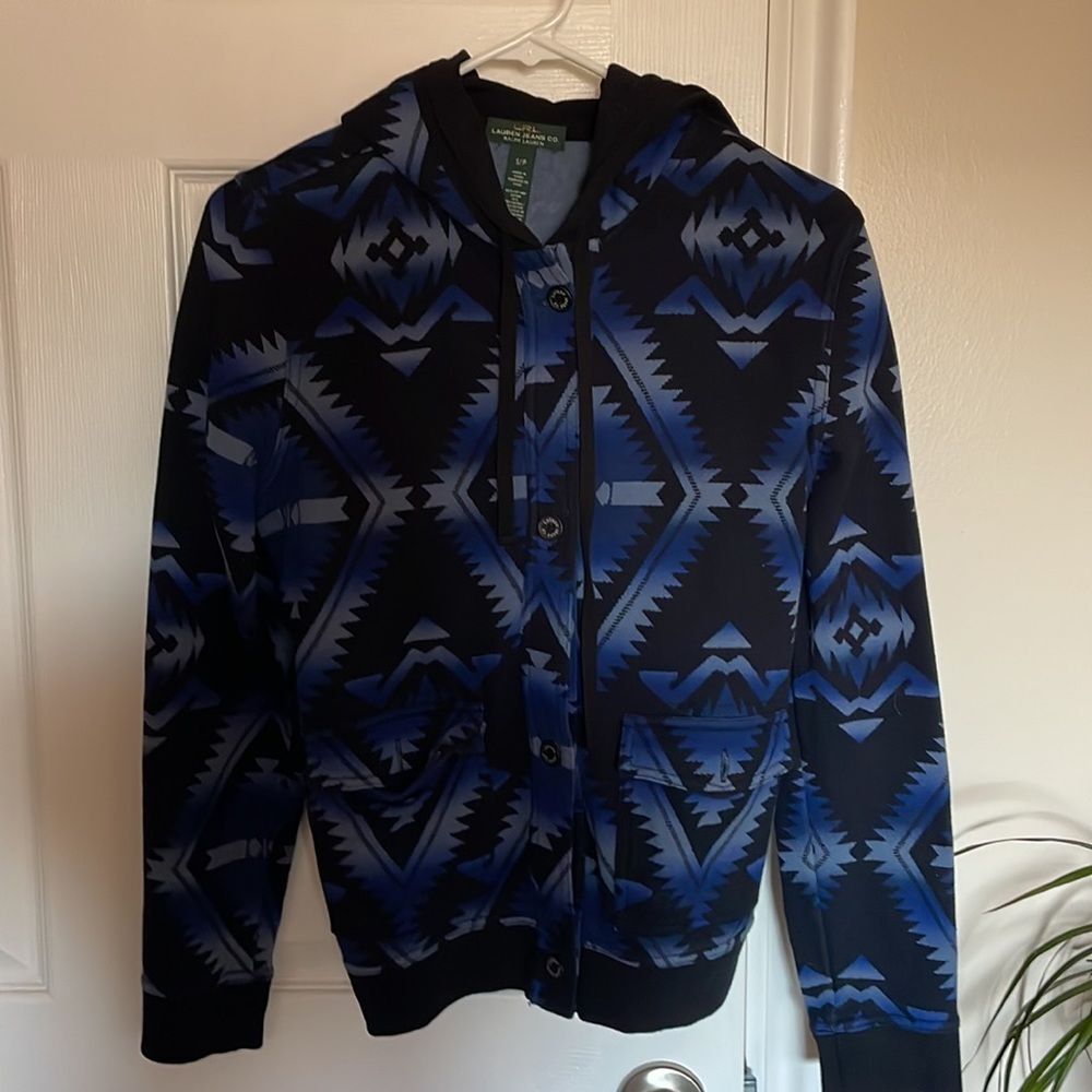 Ralph Lauren Jeans Co. Blue and Black Patterned Hoodie Button Up Jacket Aztec